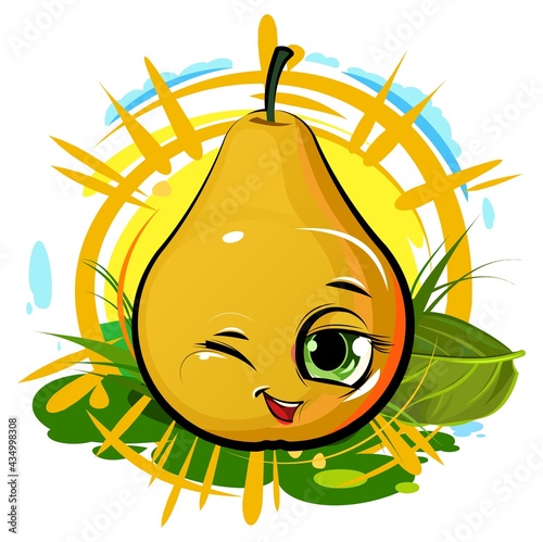 Pear  cheerful smile. Juicy red   fruit with a muzzle. Cartoon style. Isolated over white background. Vector illustration. Bright summer composition against the background of the sun. Winks.