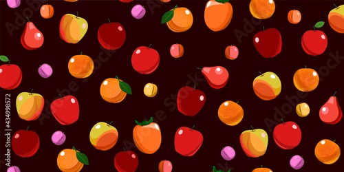 The most popular fruits are fruit trees in the tropics and temperate climates. Background image. Cartoon flat style. Apples, pears, plums, oranges, lemons, persimmons. Vector