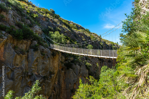 Suspension bridges in the Loriguilla reservoir. Ruta de los Pantaneros in the town of Chulilla in the Valencian community. Spain