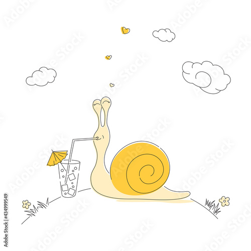 Creative illustration. The snail is faced with a choice of where to relax: in the mountains or on the ocean. Concept of travel, tourism, vacation.