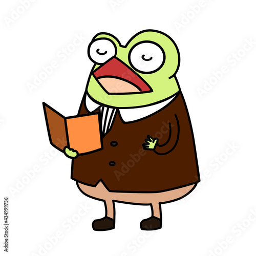 A green gentleman frog singing  a song clip art cartoon with black ouline flat vector illustration isolated on white background. Frog singing in rainy season happily