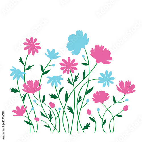 Vector wildflowers. Floral summer composition. Flowering, chamomile, buttercups, leaves. Botanical garden, nature, meadow. For seasonal home decor
