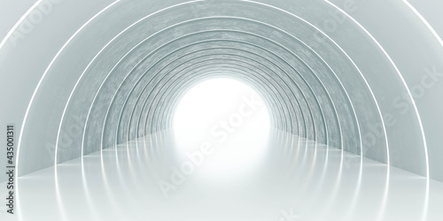 Architectural modern white concrete arched ceiling semicircular shape empty building interior tunnel hallway 3d render illustration