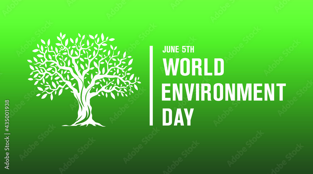 world environment day june 5th  modern creative banner, sign, design concept, social media template  with white text and tree icon  on a green abstract background 
