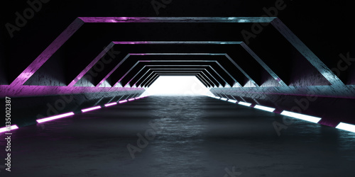dark black tunnel hallway with neon lights 3d render illustration