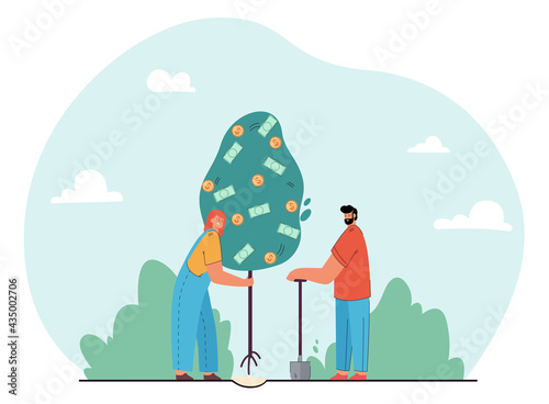 Married couple planting money tree. Flat vector illustration. Man with shovel and woman holding tree with coins and banknotes. Profit, wealth, financial wellbeing, money concept for banner design