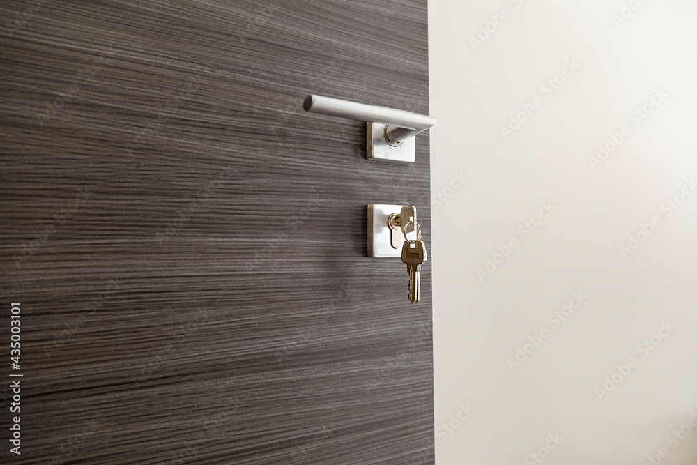 Keys in the front door lock. The concept of investing in real estate and mortgages. Financial real estate. Moving to a new house. Door handle. Keys in the front door lock. The concept of investing in real estate and mortgages. Financial real estate. Moving to a new house. Door handle.