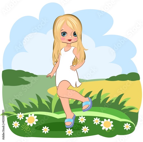 Little girl in a beautiful dress. Flirts. Handsome fashionable child. The isolated object on a white background. Vector illustration