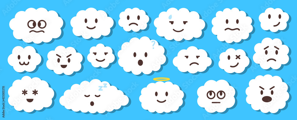 White flat vector cloud set with emoji. Clouds cartoon symbols on blue background with shadow for web site design, logo, app. Bubble icon collection infographic design. Funny faces label, stickers White flat vector cloud set with emoji. Clouds cartoon symbols on blue background with shadow for web site design, logo, app. Bubble icon collection infographic design. Funny faces label, stickers