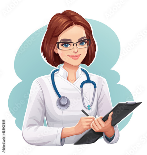 Cartoon female doctor holding clipboard and taking notes.