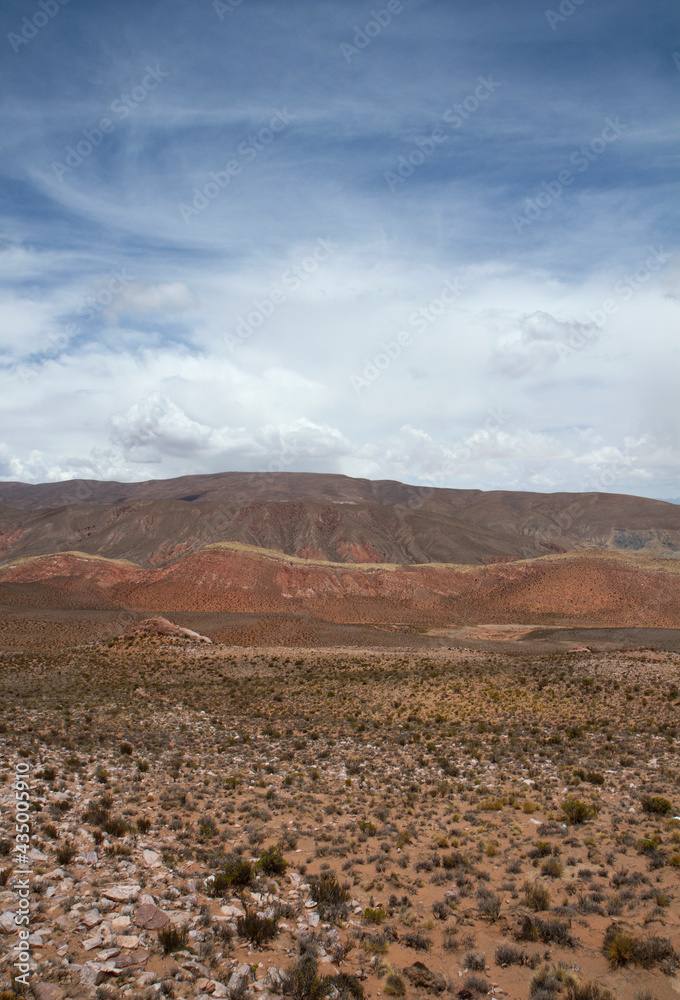 The Andes mountain range. View of the arid valley, meadow, colorful dunes and hills under a beautiful sky.