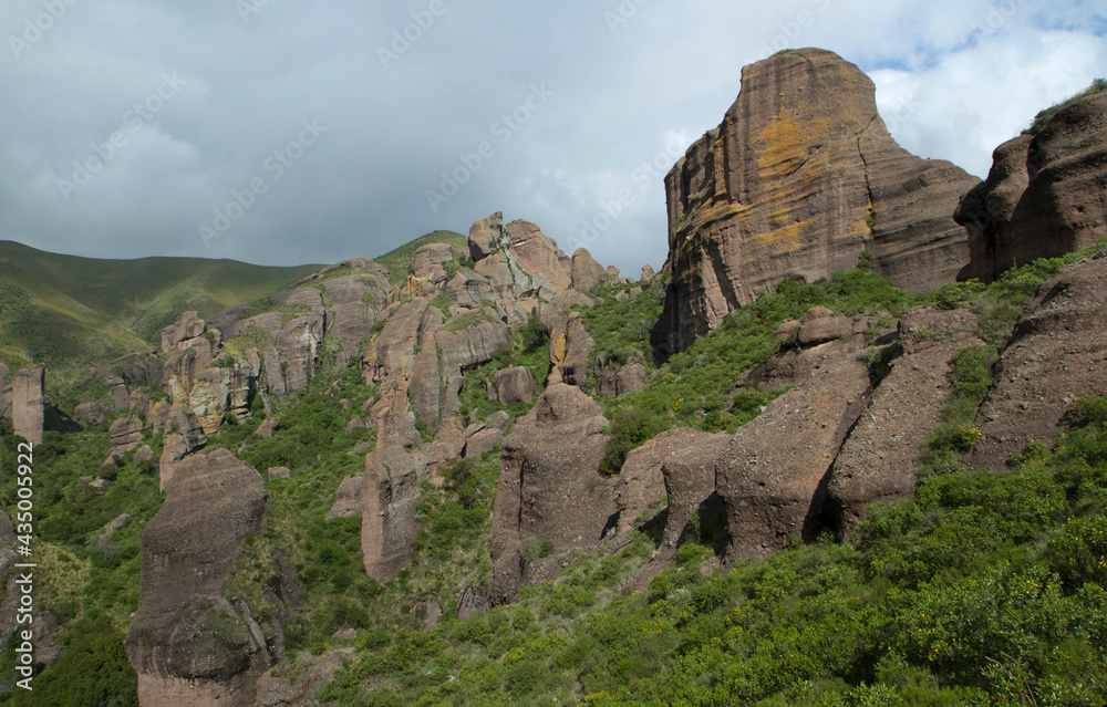 Geology. Panorama view of the mountains, green forest and rock formations called Los Terrones, in Cordoba, Argentina.