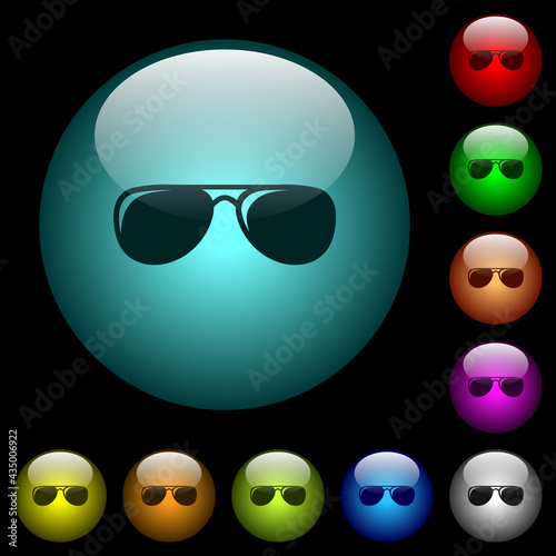 Aviator sunglasses with glosses icons in color illuminated glass buttons