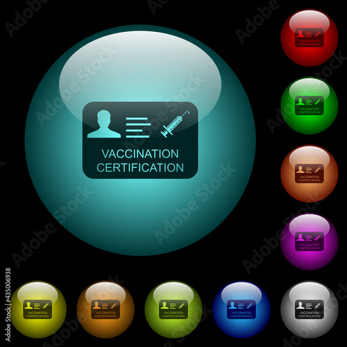 Vaccination certificate icons in color illuminated glass buttons