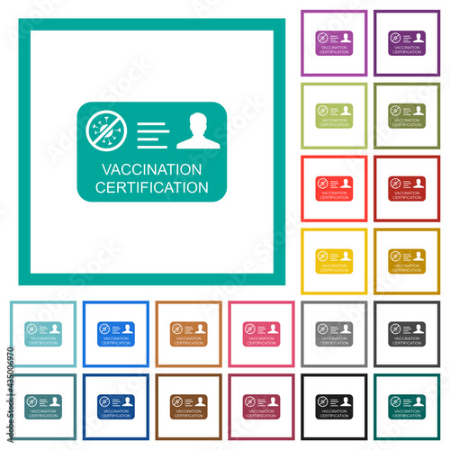 Vaccination certification flat color icons with quadrant frames
