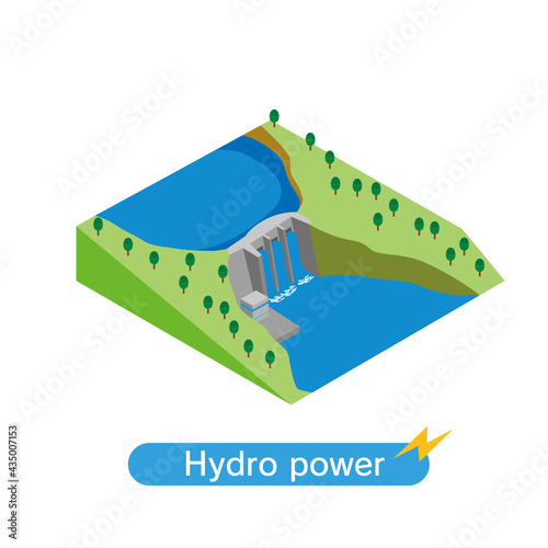 水力発電ダムのアイソメトリックイラスト