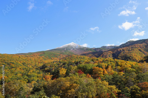 山肌に広がる立体的な紅葉の向こうに雪化粧した硫黄山が見える