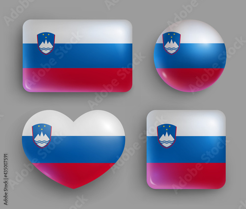 Set of glossy buttons with Slovenia country flag. South Europe country national flag shiny badges of geometric shapes. Slovenia symbols in patriotic colors realistic vector illustration