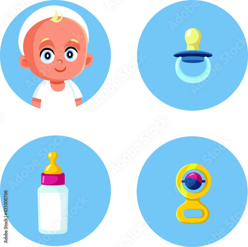 Baby, Pacifier Milk Bottle and Rattle Toy Vector Icon Set