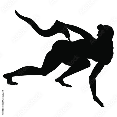 Ancient Greek satyr with long tail. Vase painting style. Black silhouette on white background.