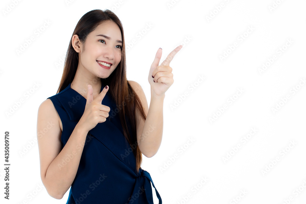 Happy Asian woman showing empty space Happy Asian woman showing empty space