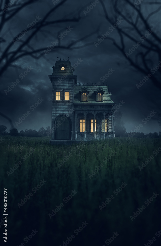 Eerie Haunted Mansion on a grass field at night. 3D Rendering, illustration