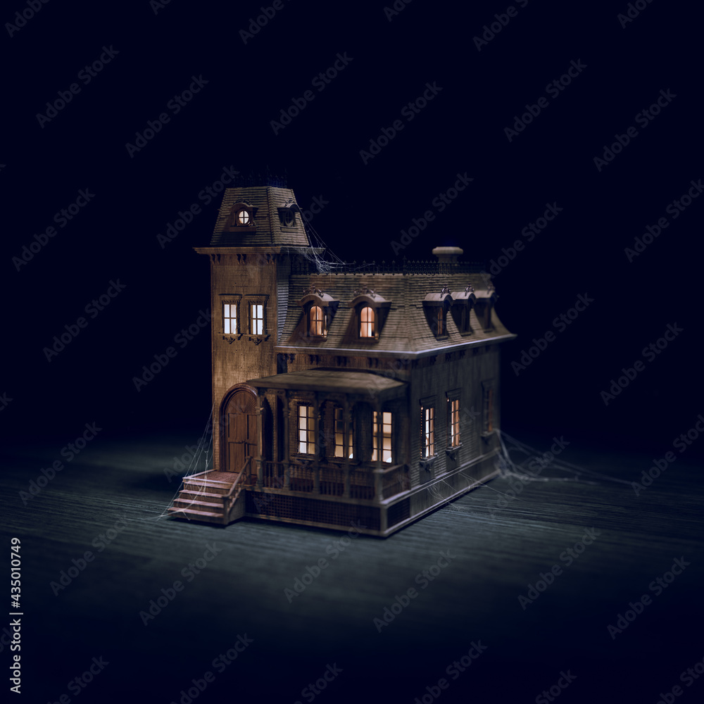 high contrast image of an old scary wooden doll house. 3D Rendering