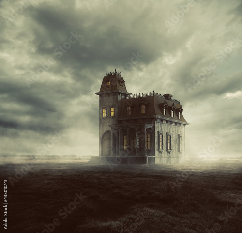фотографія Eerie Haunted Mansion on a grass field with fog