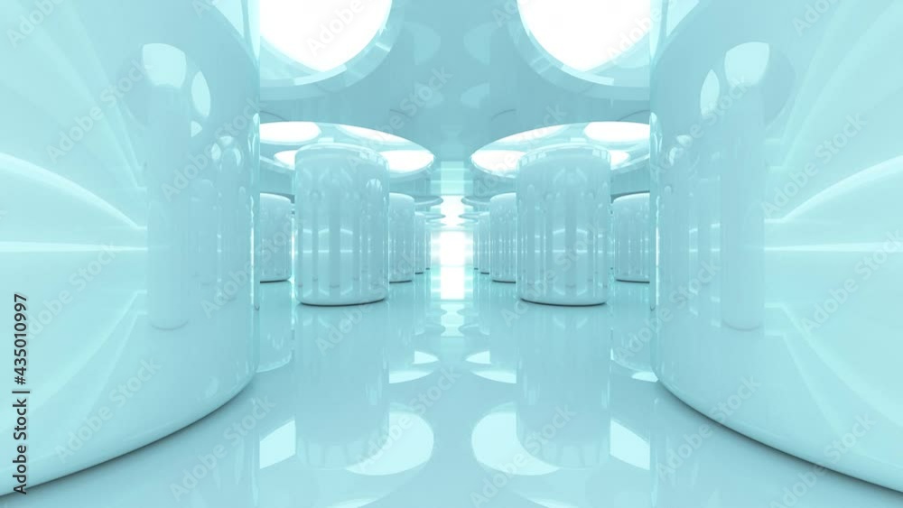 Futuristic abstraction of the future, 3d animation of glowing pillars with glow and reflections. 