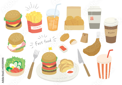 ハンバーガーやポテトなどの手描きイラストセット（カラー/輪郭線なし）