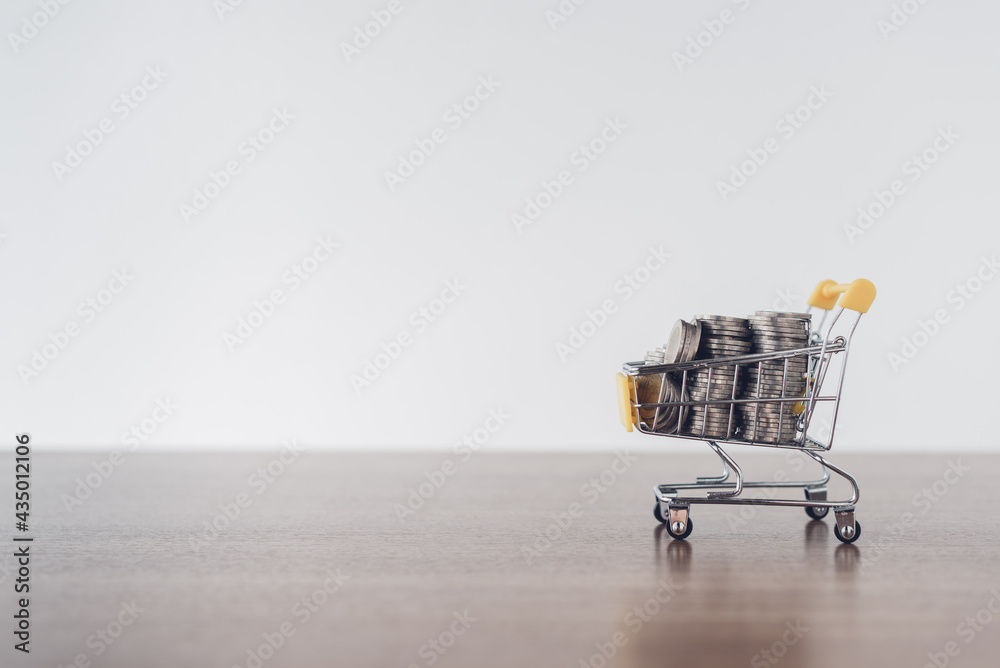 shopping cart carrying money or coins It is to save money for investing or spending money or depositing with the bank.-ฺีBusiness concept. Copy space.