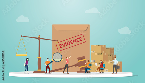 evidence concept with document paper and scale and gavel with people and modern flat style