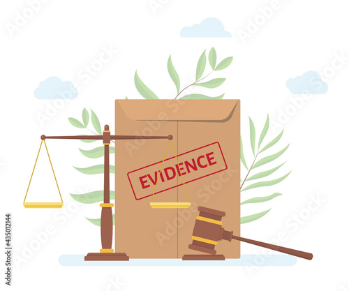 evidence document with paper and scale gavel with modern flat style