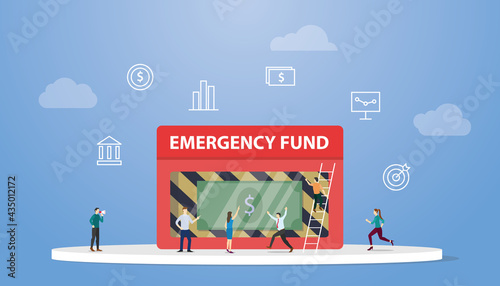 emergency money box with people discussion around it with modern flat style