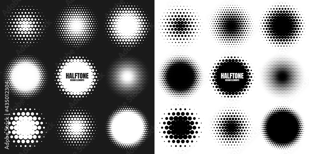 Circle halftone design elements with white dots. Comic dotted pattern.Vector illustration.