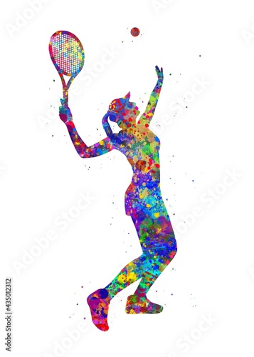 Tennis player girl sport watercolor art  abstract painting. sport art print  watercolor illustration rainbow  colorful  decoration wall art.