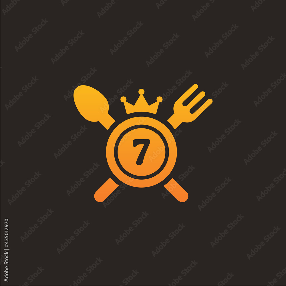 Initial Number 7 King food Logo Design Template. Illustration vector graphic. Design concept fork,spoon and crown With number symbol. Perfect for cafe, restaurant, cooking business Initial Number 7 King food Logo Design Template. Illustration vector graphic. Design concept fork,spoon and crown With number symbol. Perfect for cafe, restaurant, cooking business