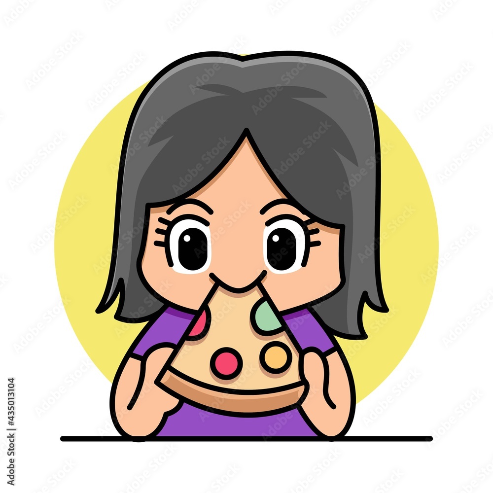 Cute girl eating pizza cartoon illustration Cute girl eating pizza cartoon illustration