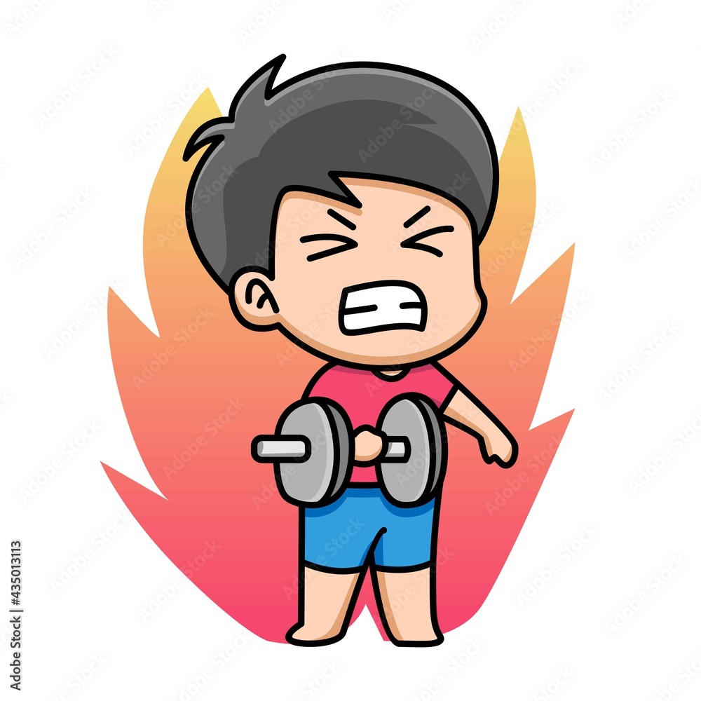 Cute boy holding dumbbell cartoon illustration Cute boy holding dumbbell cartoon illustration