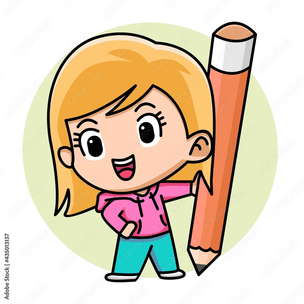 Cute girl holding pencil cartoon illustration Cute girl holding pencil cartoon illustration