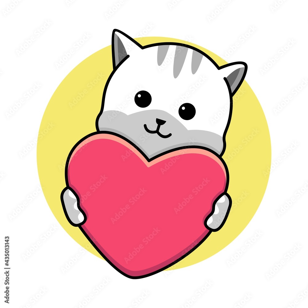 Cute cat holding red heart cartoon illustration