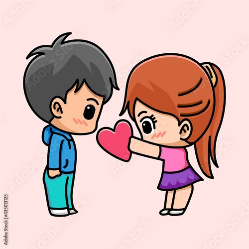 Cute girl give heart to her boyfriend cartoon illustration