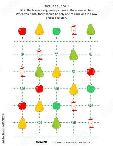 Picture sudoku puzzle 5x5 (one block) with apples and pears. Answer included.

