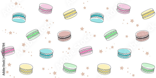 Colored macaroons and small stars on a white. Endless texture with French sweet pastries. Vector seamless pattern for bakery, sweet shop, pastry shop, confectionery, wrapping paper, packaging, wrapper