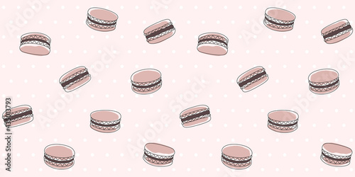 Abstract chocolate macaroons on a pink polka dot background. Endless texture with French sweet pastries. Vector seamless pattern for bakery, pastry shop, confectionery, wrapping paper, packaging, menu