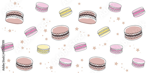 Abstract macaroons and small stars on a white. Endless texture with French sweet pastries. Vector seamless pattern for bakery, pastry shop, confectionery, wrapping paper, packaging, wrapper and print