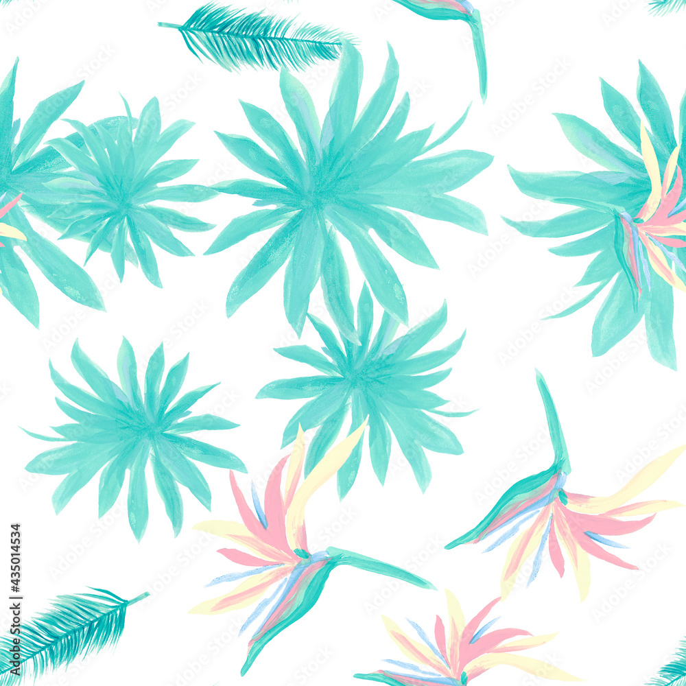 Indigo Pattern Illustration. White Seamless Palm. Navy Tropical Leaf. Azure Flower Plant. Blue Floral Art. Wallpaper Leaf. Decoration Palm.