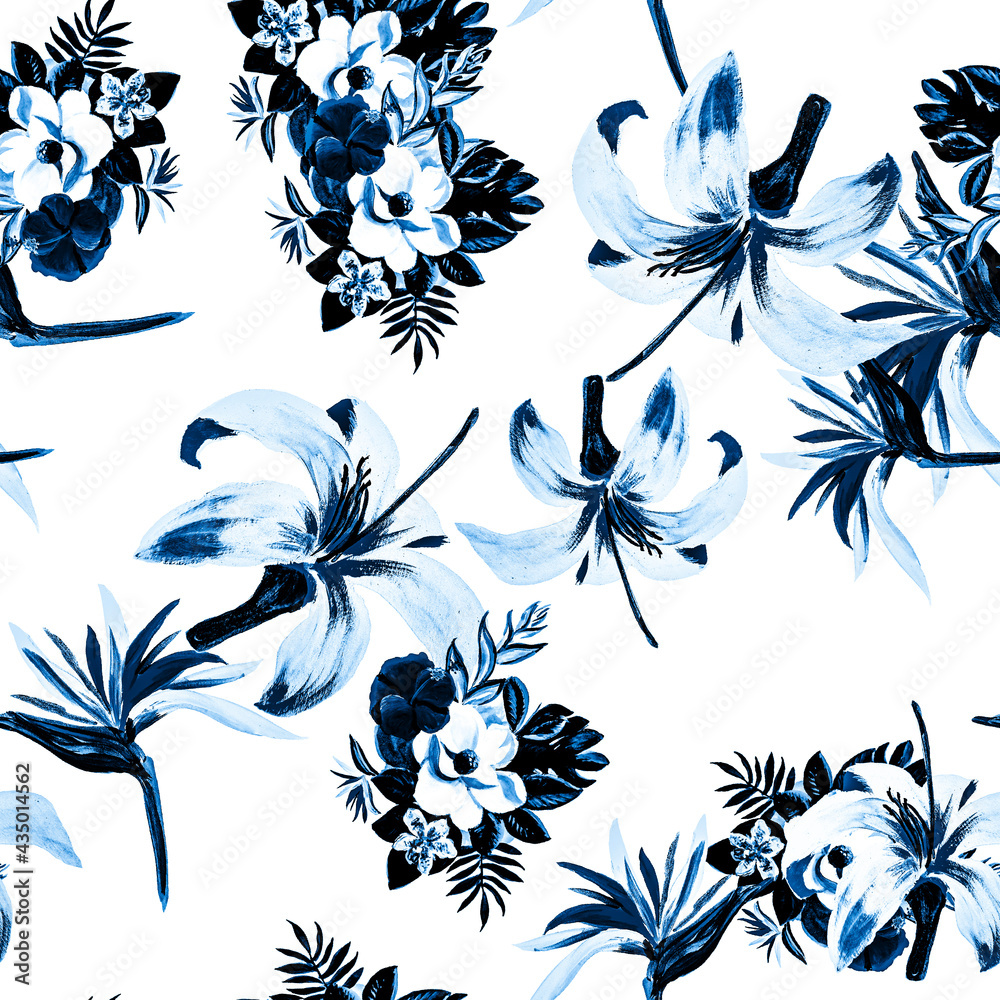 Navy Seamless Botanical. Azure Pattern Painting. Cobalt Tropical Palm. Blue Flower Leaves. Indigo Watercolor Design. Decoration Leaf. Gray Summer Background.