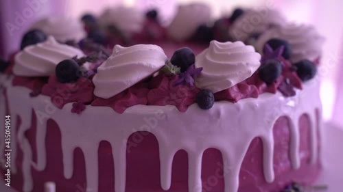 Close up of a violate blueberry cake. Newly born girls birthday treats table