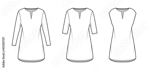 Set of dresses tunic technical fashion illustration with long elbow sleeves, oversized body, mini length skirt, slashed neck. Flat apparel front, white color style. Women, men unisex CAD mockup